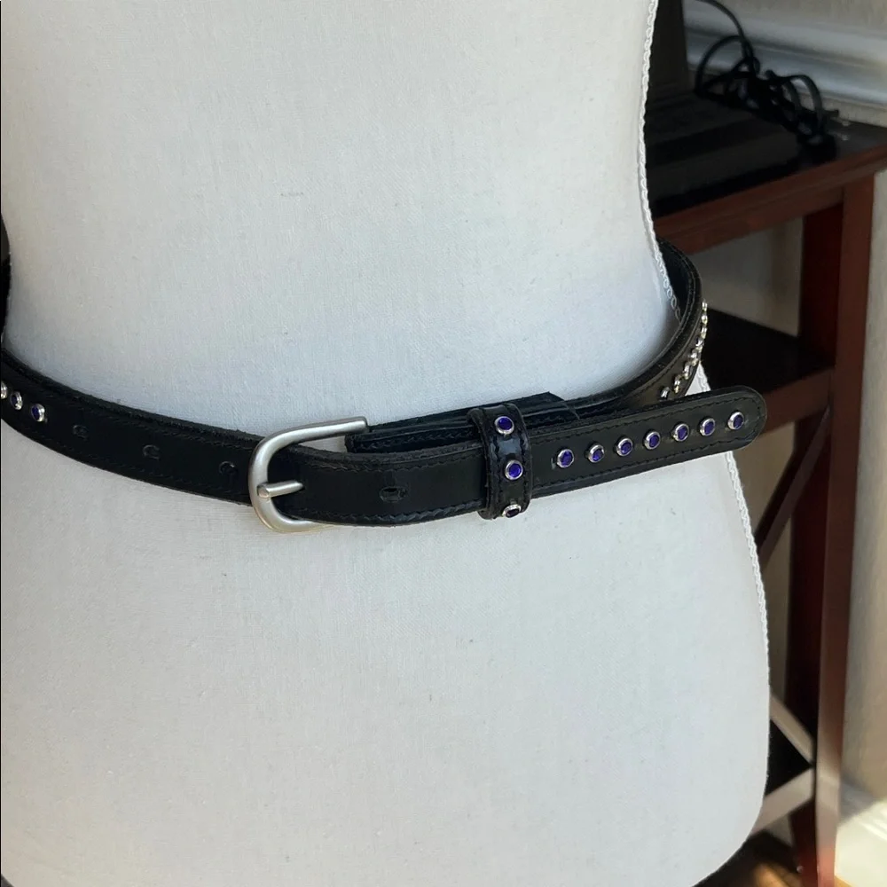 Black Leather Belt with Cobalt  Blue Accents Rhinestone Silver Tone Size 28